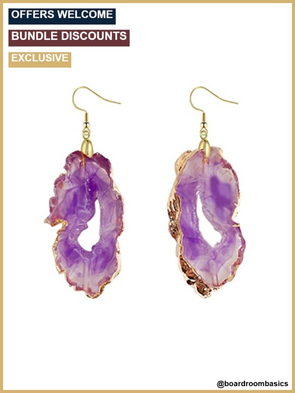 Natural Stone Dangle Drop Earrings Gold Plated Handmade Agate Geode Crystal